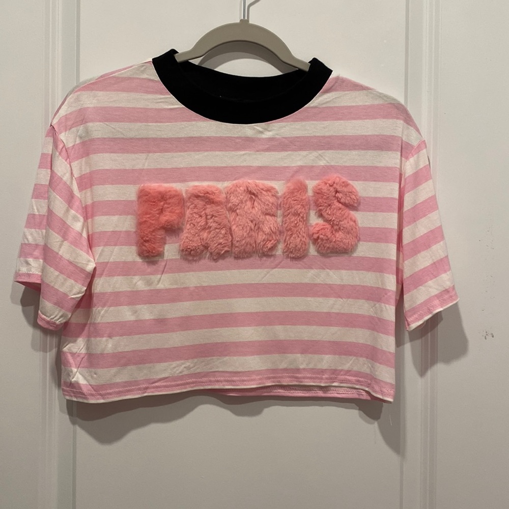 Pretty little thing pink stripe Paris cropped T-shirt size 4